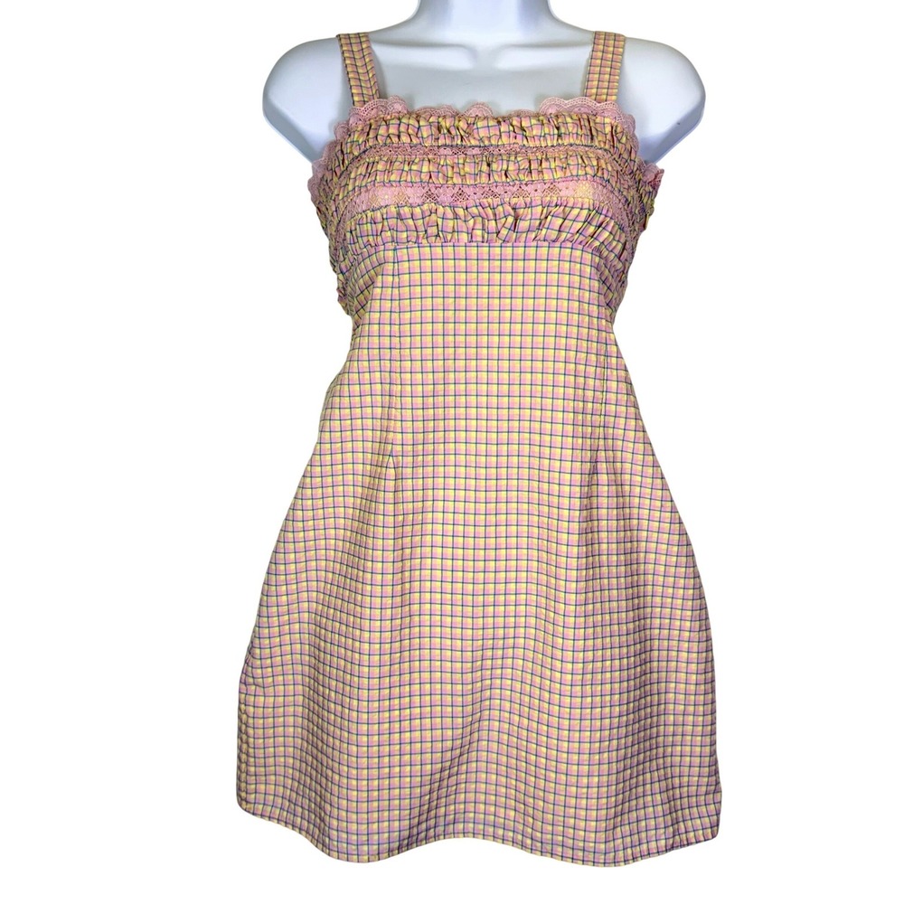 Coquette Pink Yellow Gingham Mini Dress Lace Trim Smocked‎ Ruffle Sz S Feminine